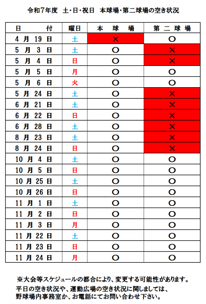 令和7年度土日祝日の本球場・第二球場の空き状況